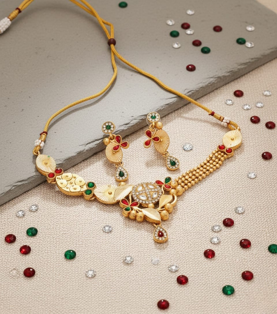 Matte Gold Floral Necklace Set