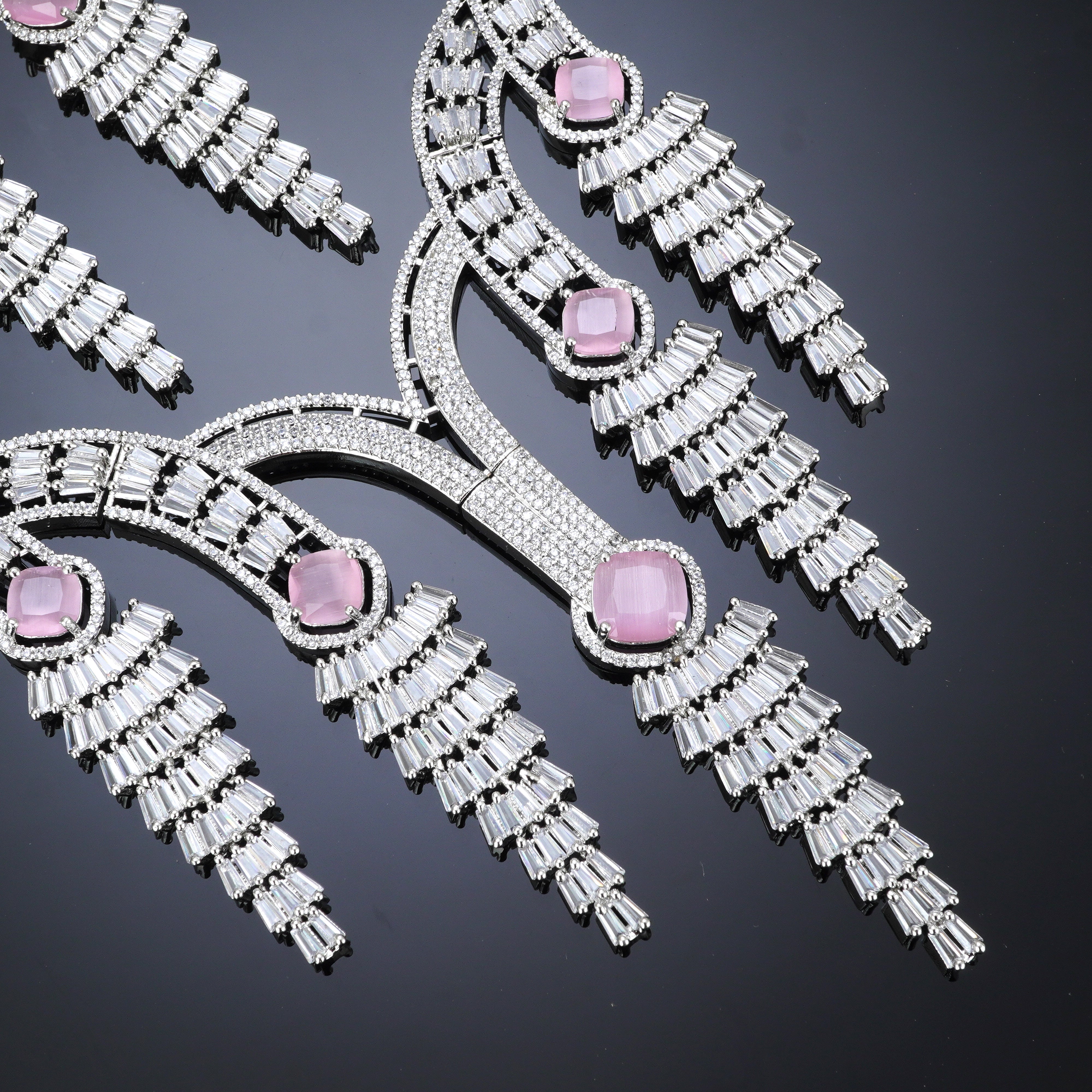 Rhodium Plated Pink & White American Diamond Necklace Set