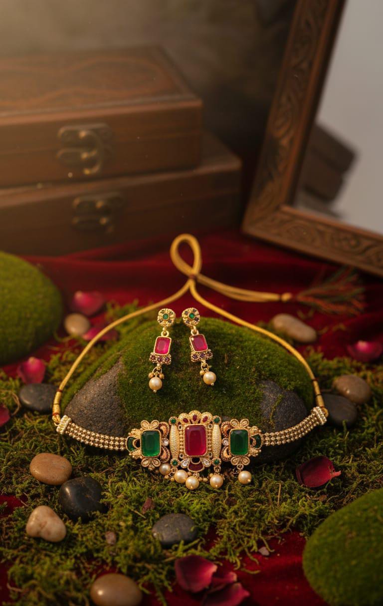 Ruby & Emerald Pearl Choker Set