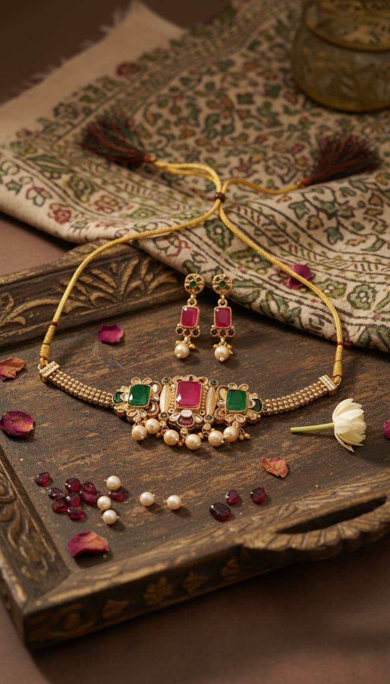 Ruby & Emerald Pearl Choker Set